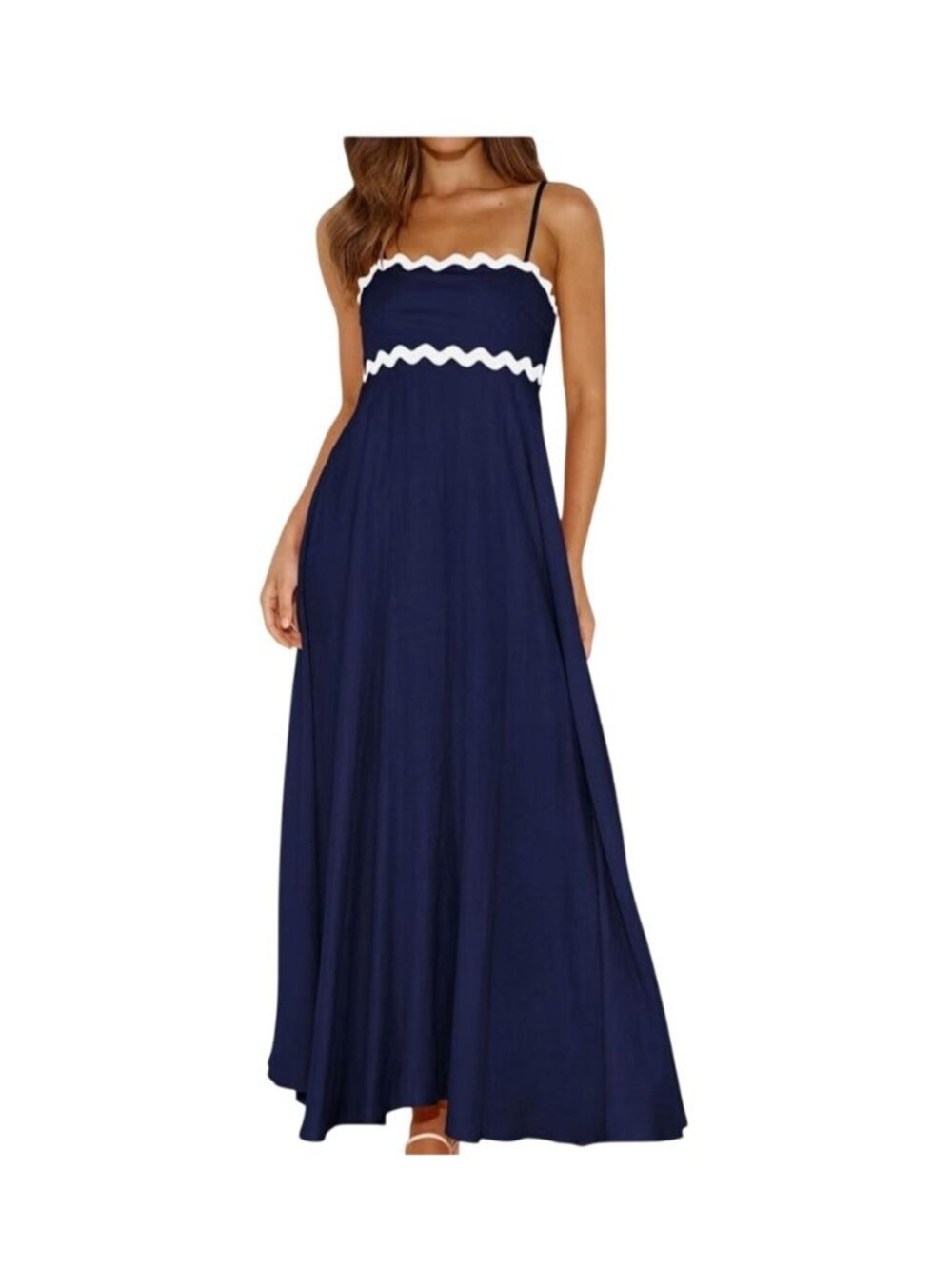 Pretty Garden Womens Small Blue Maxi Sundress White Wavy Trim Flowy Boho Summer
